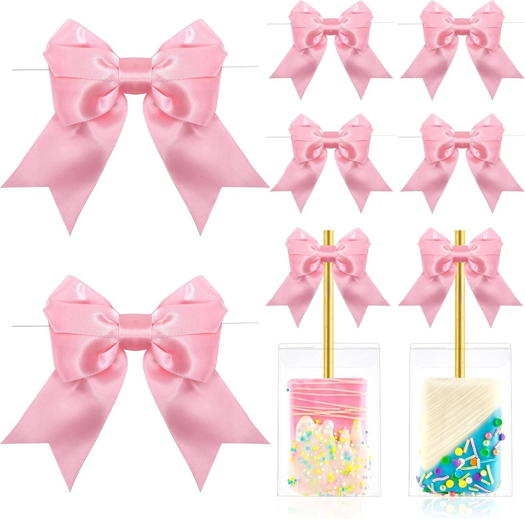 Pink Bows with Twist Ties 3.5 Inch Pre-Tied Double Satin Ribbon Bows for Gift Wrapping, Crafts, Wedding Decor, Treat Bags, Candy Apple, Christmas, Party Favors, Baby Shower (24 Pack)