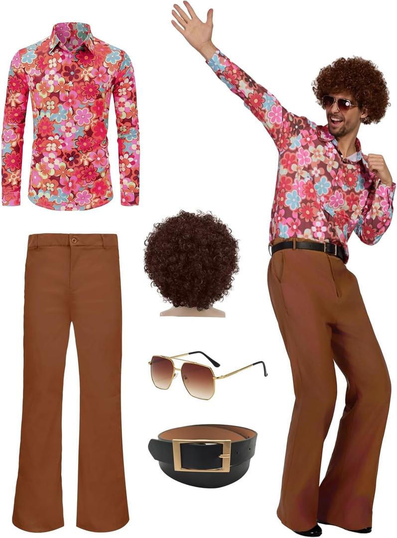 70s Disco Outfits for Men 70's Retro Clothes Shirt Bell Bottom Pants Vintage Hip Hop Costume with Wig Accessories (Large, Orange Floral)