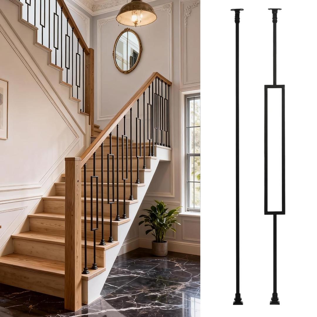 WICHEMI 32 Pack Balusters for Staircase Interior, 44" x1/2" Wrought Iron Stair Balusters Indoor Hollow 16 Single Rectangle 16 Straight with 64 Fixed Swivel Shoes