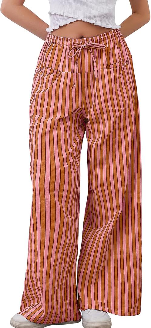 Women Loose Striped Wide Leg Pants Casual Drawstring Low Waist Pants Baggy Contrast Lounge Pants Straight Leg Trouser (Pink, M)