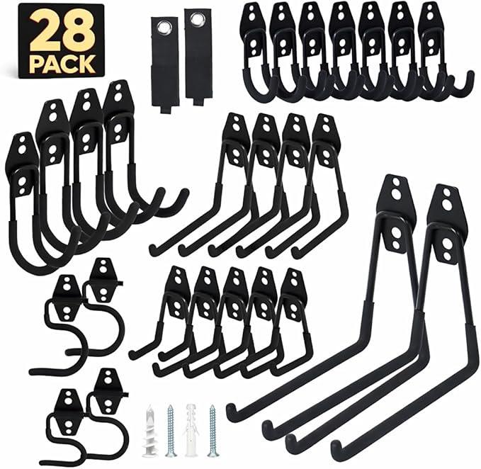 Steel Garage Storage Hooks - 28 Pack Anti-Slip Coating, Heavy Duty Wall Mount Hooks for Hanging Bike, Ladder, Garden Tools