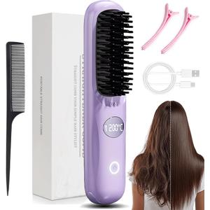 Go Brush Pro, Gobrush Pro 2025 Portable Straightener Brush, Cordless Hair Straightener Brush for Short Hair, 3 Adjustable Temperature, LED Display, Fast Heating Hairs Comb for Women Travel (Purple)