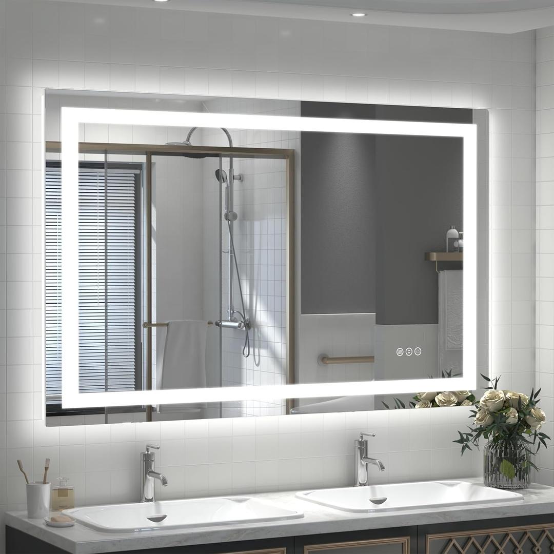 48x30 LED Lighted Bathroom Mirror, Vanity Mirror with Lights for Wall, Dimmable, Defogger, Shatter-Proof, 3 Colors, ETL Listed (Frontlit+ Backlit) (Frameless Led Mirror)