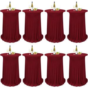 8 Packs Round Cocktail Table Skirt 32"x 43" Spandex Stretch Cocktail Tablecloth with Wavy Drapes, Red Spandex Fitted High Top Table Covers for Wedding Bar Party Birthday Banquet Table