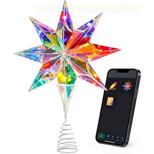 Smart Christmas Tree Topper, 15.5 Inch 3D Holographic Bethlehem Star Tree Topper, App and Remote Control, RGB Color Changing, Music Sync, Dimmable for Xmas Tree Home Party Decor