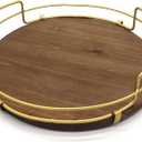 CVHOMEDECO. Decorative Tray with Golden Handle Round Wood Serving Tray with Metal Handles for Breakfast in Bed, Lunch, Dinner, Appetizers, Kitchen, Ottoman, Coffee Table, BBQ and Party