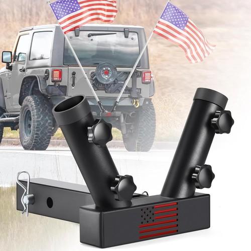 GADFISH Trailer Hitch Flagpole Mount, 2 Mounting Options US Flag Hitch Mount, Universal Flag Hitch Mount for All 2" Receiver, Trailer Hitch Flag Pole Holder for Driving, Black (for 2 Flagpoles)