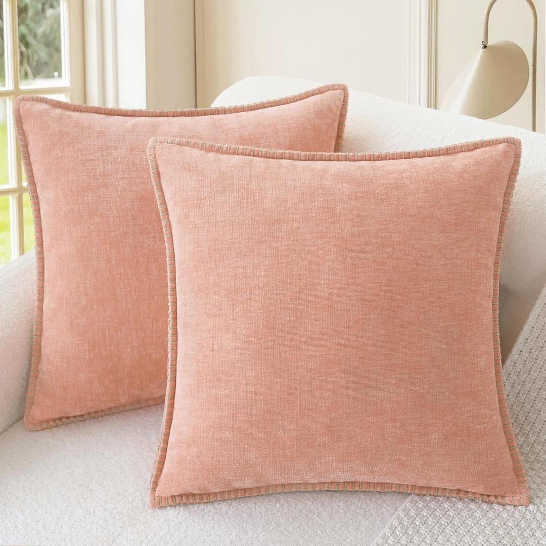 CaliTime Throw Pillow Covers Decorative 22 X 22 Inches Pack of 2 Cotton Thread Stitching Edges Solid Dyed Soft Chenille Cushion Cases for Couch Sofa Bed Living Room Farmhouse Dusty Pink