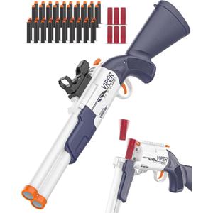 Toy Double Barrel Shotgun with Ejecting Shells - Foam Dart Blaster Including Ammunition Belt, 40 Darts, 12 Shells & Red Dot Sight - Realistic Reloading Action for Kids Aged 8-12