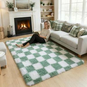 KICMOR 4x6 Rug for Bedroom Living Room, Fluffy Sage Green and White Checkered Area Rugs, Fuzzy Shag Shaggy Floor Carpet Soft Plush Checkerboard Rug for Children Kids Boys Room, Nursery, Classroom