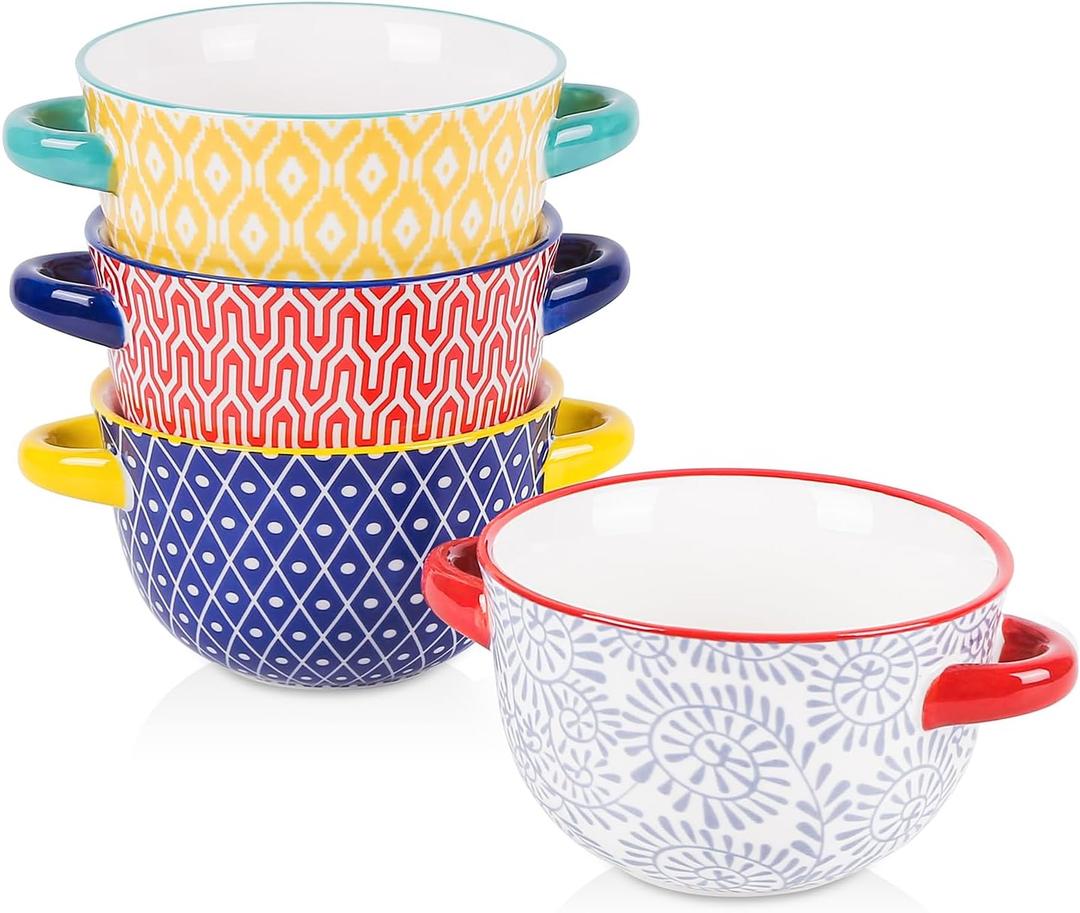 Selamica Ceramic Soup Bowls with Handles, French Onion Soup Crocks 20 OZ, Oven Safe Soup Bowls for French Onion, Chili, Beef Stew, Cereal, Pot Pies, Set of 4, Assorted Colors