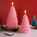 Eywamage Pink Christmas Tree Flameless Candles with Remote, Real Wax Flickering LED Pillar Candles Set of 2