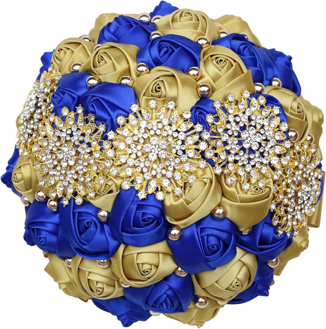 Bridal Brooch Wedding Bouquet with Bling Gold Rhinestone Pearl for Bride Bridesmaid Quinceanera Satin Rose Flower Bouquet Wedding Royal Blue and Gold 7.1in