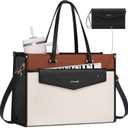 LOVEVOOK Laptop Bag for Women, 15.6'' Laptop Tote Purse 2-in-1 Professional Work Bag Business Briefcase with Clutch Purse, Waterproof Leather Computer Handbag for Teacher Office Travel (Black White Brown)