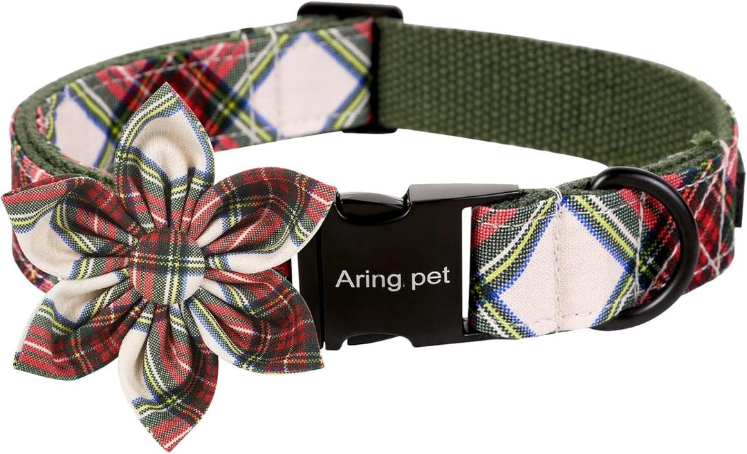 ARING PET Christmas Dog Collar, Cute Xmas Red Green Plaid Detachable Flower Pet Collar with Metal Buckle for Puppy Medium Boy Girl Dog-M (Medium (Pack of 1))