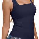 REORIA Built in Bra Tank Tops for Women Summer Sleeveless Racerback Square Neck Casual Basic Ribbed Tops 2026 (Blue, M)