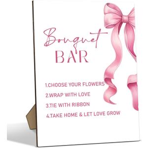 Bouquet Bar Sign, Pink Bow Bar Desk Decor, Wood Sign With Stand For Wedding Reception, Bridal Shower Engagement Event Party Tabletop Decor, 8 x 11 Inches -A007