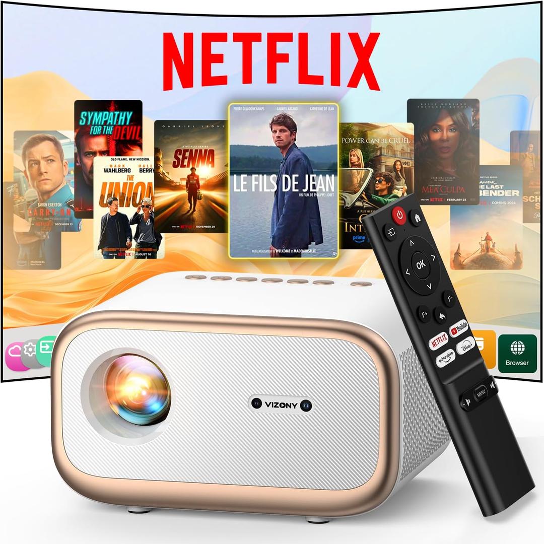 E1 Pro Netflix-Certified Smart Projector, 550 ANSI Lumens, WiFi Bluetooth, Auto Focus & Keystone, Native 1080P & 4K Support, Full-Sealed Optical Engine, Portable Home Theater for Indoor/Outdoor (Gold White)