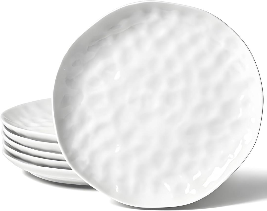 HOMBENE Dessert Pasta 8 Inches Set for 6, Sun-glitter Style, Salad Plates, Porcelain Round Shaped Dinner Plates for Kitchen, Porcelain Dinner, Microwave & Dishwasher Safe, White