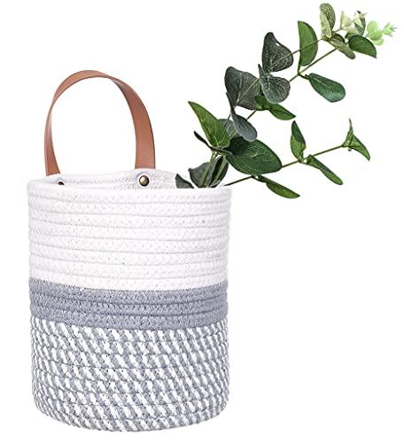 Wall Hanging Basket, Small Woven Hanging Baskets for Organizing, Decorative Wall Basket for Plants and Flowers,Hanging Storage Organizer for Wall Decor,Plant Holder 6.3" x 7" (White & Grey)
