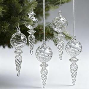 6PCS 6-Inch Hand-Blown Glass Finial Christmas Tree Hanging Ornaments -Large Elegant Clear Glass Vintage Holiday Decorations for Tree, Mantel, Party - Luxury Handmade Seasonal Dcor(Clear)