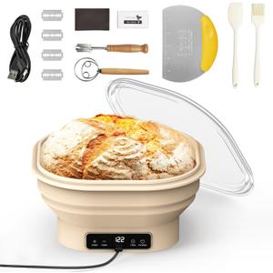 Heating Sourdough Banneton Bread Proofing Basket Kit with Timer & 6 Temp Settings, 2L Foldable Silicone Dough Proofing Box Electric Sourdough Starter Warmer Set for Dough Rising, Baking Supplies (Square)