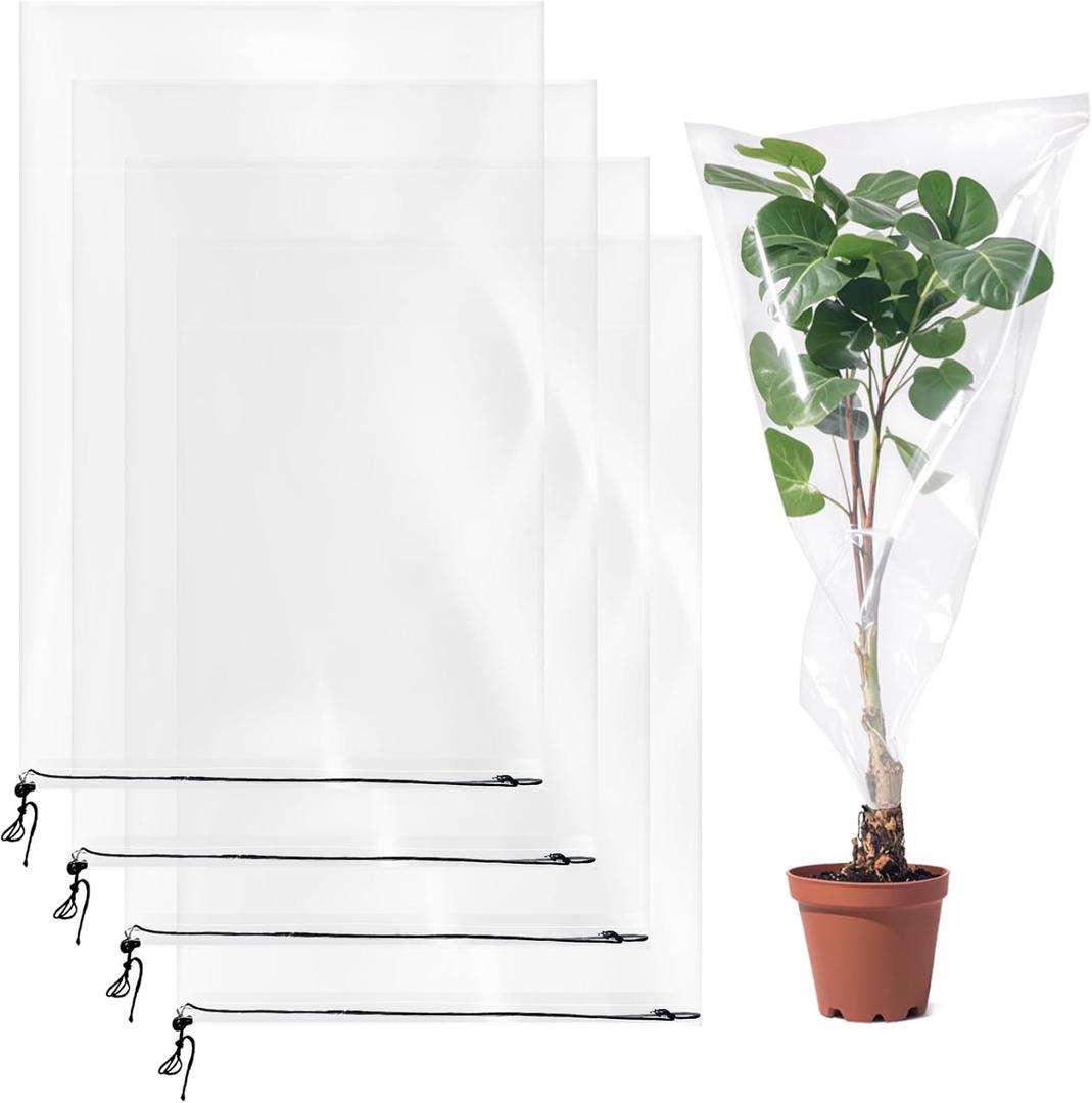 4 PCS Winter Plant Film Covers with Drawstring- 39.4" x59" Transparent Freeze Protection Bag Clear Plastic Plant Shelter Waterproof Coverings for Outdoor Garden Plant Rain Snow Frost Protection