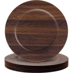 Mifoci 6 Pcs Faux Wood Charger Plates 13 Inch Round Rustic,Dark Brown, about 13 x 13 inches/ 33 x 33 cm