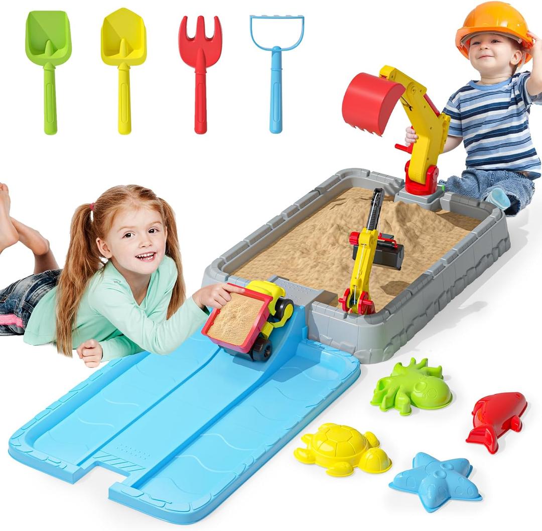 Dirt Diggers Excavator Sandbox for Kids, Toddler Construction Sand Box with Lid, Beach Toys for Outdoor Indoor Play Sensory Gifts for Boys Girls Ages 3+