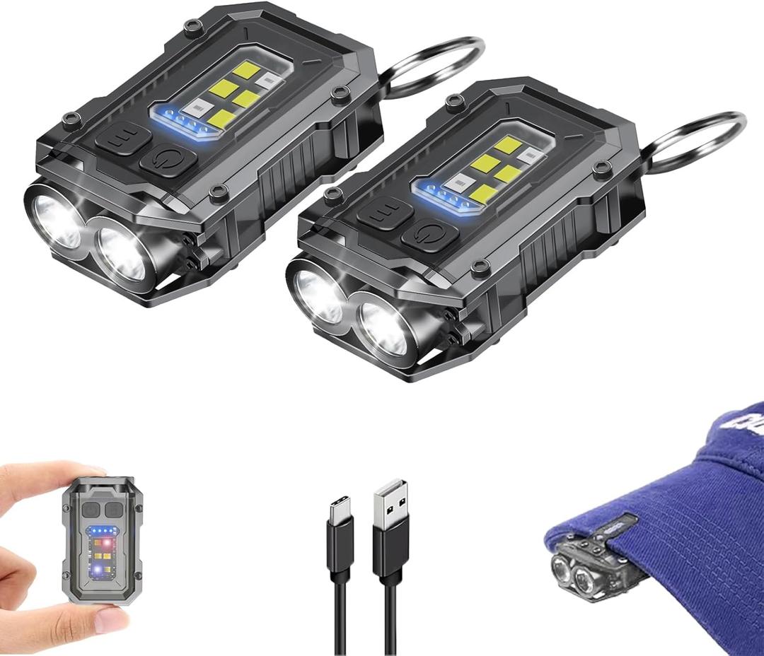 2PACK EDC Keychain Flashlight - Super Bright Mini Keychain Light with Hat Clip, Magnetic Base, Rechargeable Small Pocket Flash Lights for Emergency,Outdoor Activities,Walking Dog (Black-2pc)