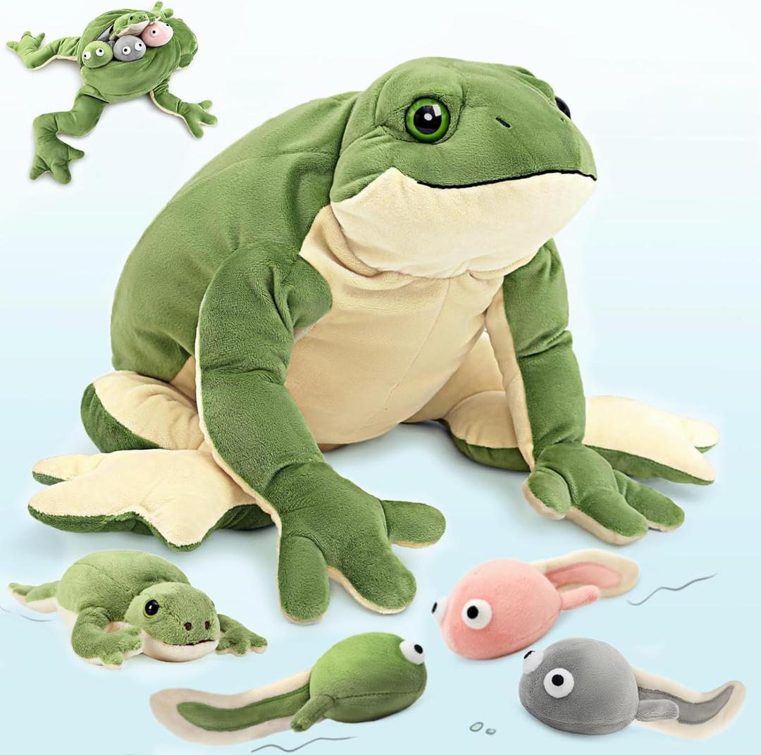 MaoGoLan Giant Frog Stuffed Animal Plush Toys with 4 Babies,Green Mommy Frog & Tadpole Plush Toy Set for Kids Girl Boy, Soft Plushies Toad Stuff for Birthday Easter Gift Baby Shower Decor