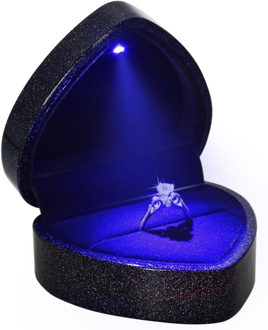 Luxury LED Lighted Engagement Ring Box - Heart Shaped Elegant Starry Sky Ring Case for Wedding Rings, Perfect for Proposal, Anniversary, Ceremony, and Gift Giving