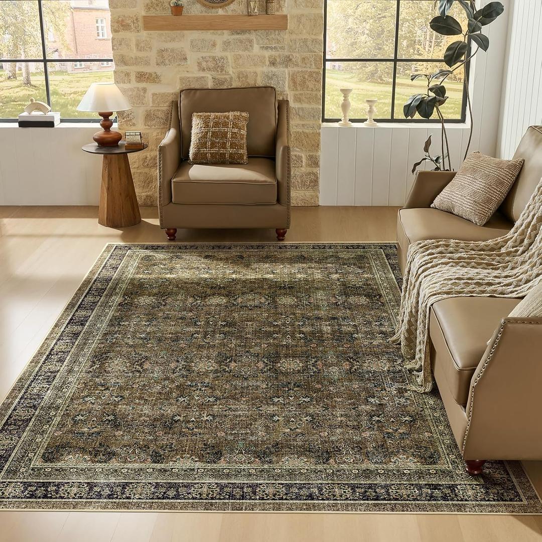 WITSHOCK 8x10 Large Rugs for Living Room - Boho Modern Vintage Moody Retro Antique Neutral - Low Pile Washable Non-Slip - Rug for Bedroom Dining Room Nursery Kids Playroom Indoor Decor, Olive&Brown