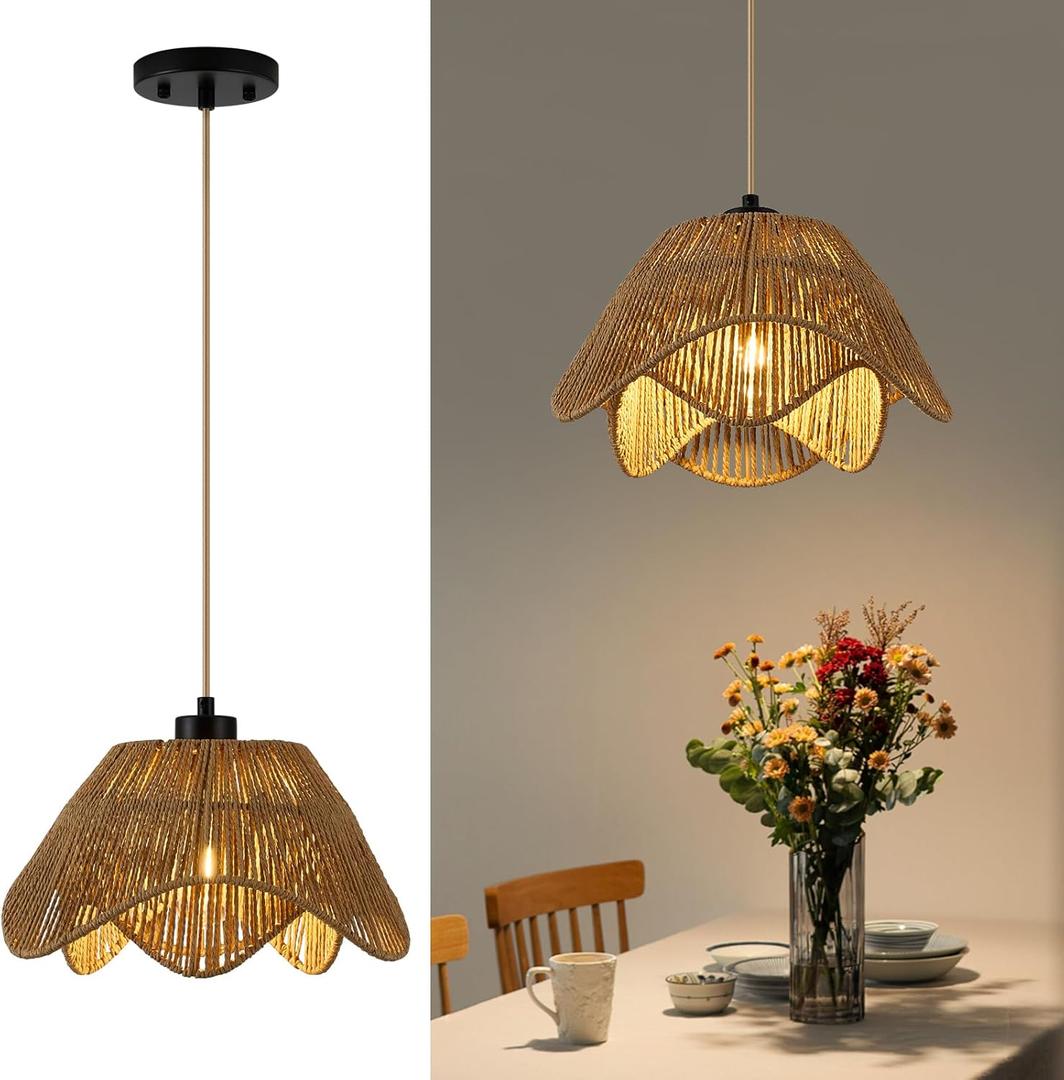Rattan Pendant Light Fixtures,1 Light Boho Hanging Light, Farmhouse Hand Woven Wicker Chandelier, Adjustable Flush Mount Ceiling Hanging Lamp for Bedroom Dining Room Kitchen Island Hallway (Brown)