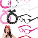 Dunzy 50's Women Accessories Set Sock Hop Party Decorations Cat Glasses Polka Dot Headband for 1950s Costumes Party (Colored)