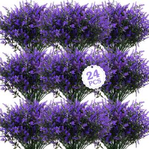 Janinka 24 Bundles Artificial Lavender Flowers False Outdoor Flowers UV Resistant Plastic Artificial Plants Fake Shrubs Bouquet Greenery Bushes for Outdoor Garden Home (Purple)