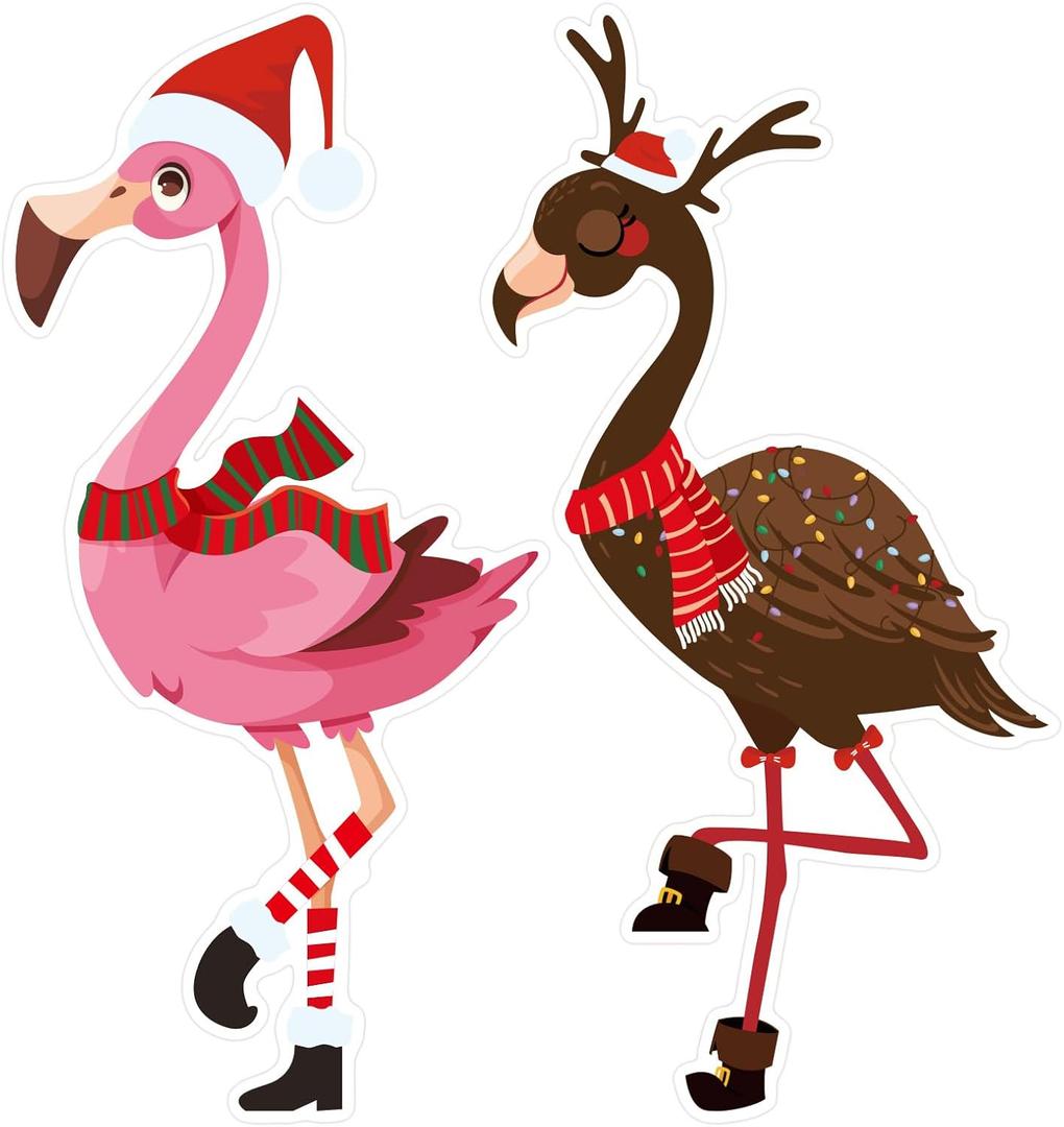 2pcs Christmas Flamingo Yard Ornaments, Plastic Cute Outdoor Xmas Lawn Decor Yard Pink Flamingos for Holiday Decoration