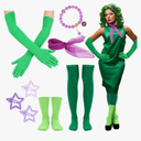 Civaner 8 Pcs Halloween Green Emotion Costume Accessories Set for Women Adult Green Gloves Socks with Purple Scarf Star Shaped Hair Clips Daisy Crystal Bead Bracket for Halloween Costume Dress Outfit, One Size