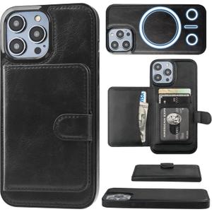Bocasal Wallet Case for iPhone 14 Pro Max Compatible with MagSafe Magnetic RFID Blocking Detachable Premium PU Leather Flip Case with Card Slots Holder Kickstand Wireless Charging 6.7 Inch (Black)