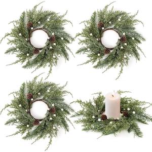 6 PCS Christmas Wreath Candle Rings Mini Wreath Pine Garland Artificial Frosted Cedar and Pine Cone Candle Rings Holder for Christmas Wedding Home Table Centerpiece Door Window Chair Wall (Farmhouse)