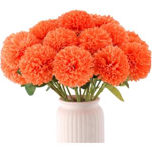 Hananona 12 Pcs Artificial Chrysanthemums Flowers Marigolds Ball Flower, Orange Fake Mums Silk Fall Flowers for Autumn Dia de Los Muertos Home Decor Day of The Dead Table Centerpiece (12, Orange)