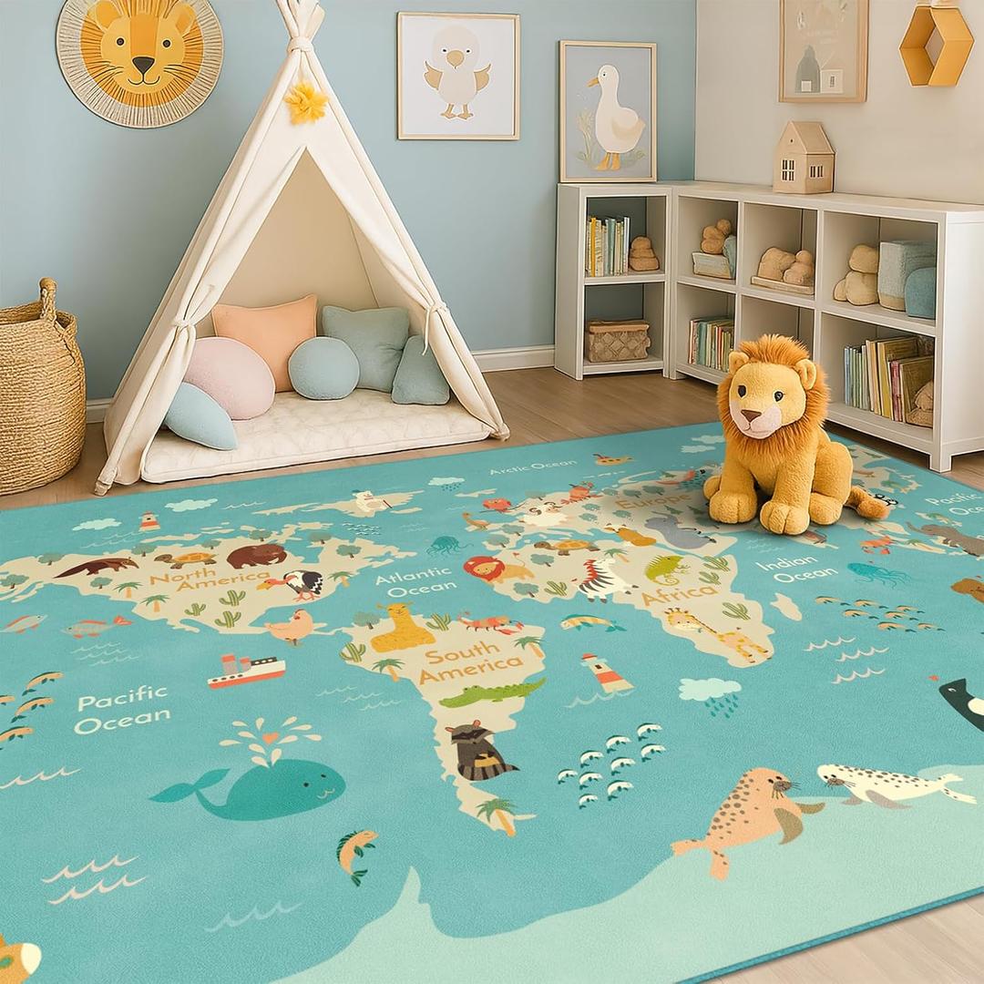 Washable Kids Playroom Rug 5x7 Play Rug for Preschool Toddlers, Baby Girls, Educational with Cute Animals Non-Slip, Stain Resistant, Soft & Safe for Bedroom, Play Room and Classroom - Blue