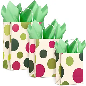 Humyoun 12 Pack Graduation Gift Bags(4 Small 6.5" 4 Medium 9.6" 4 Large 13")with Tissue Paper St. Patrick's Day Treat Bag for Mother's Day Easter Birthday Baby Bridal Shower(Light Red and Green Dots)