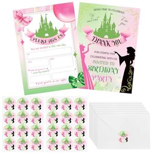 Marspark 30 Set Witch Birthday Party Invitations with Envelopes Princess Witch Stickers, Pink and Green Wizard Party Decorations Cute Musical Movie Fan Birthday Cards for Wizard Movie Decor