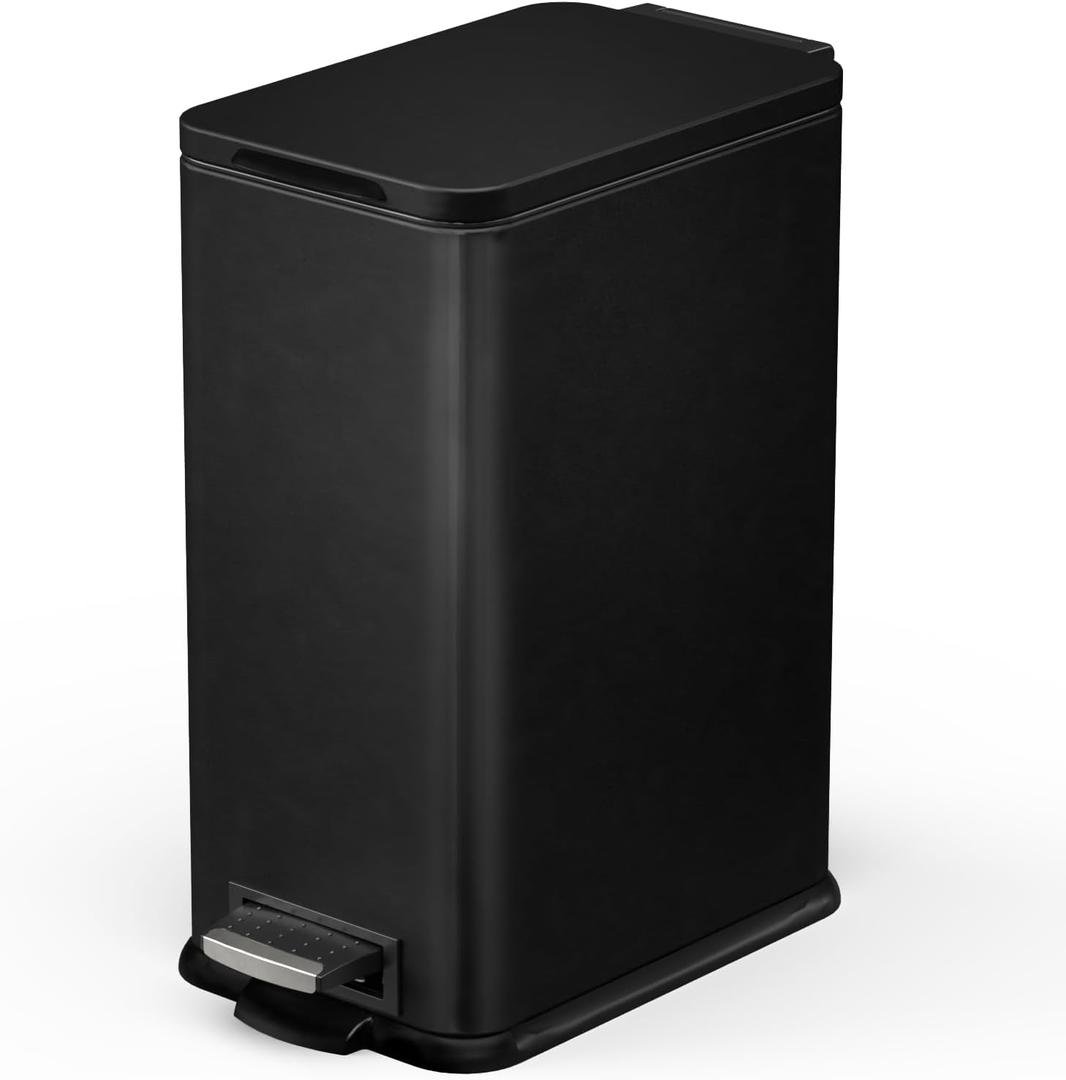Home Zone Living 4 Gallon Slim Kitchen Trash Can with Soft Close Lid and Step Pedal, Matte Black Stainless Steel Wastebasket with Removable Bucket