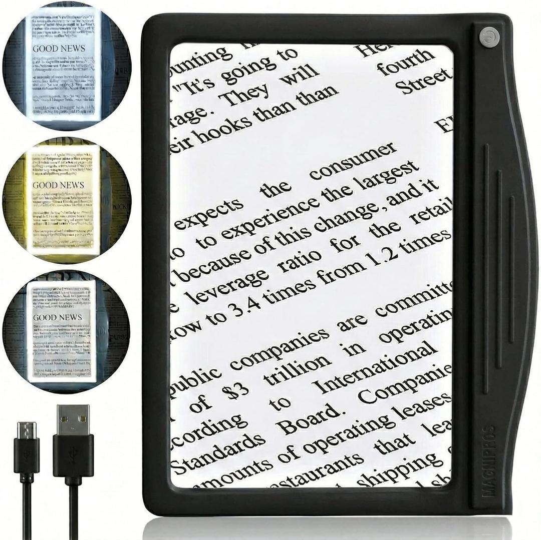 MagniPros 5X Rechargeable Large Ultra Bright LED Page Magnifier with Anti-Glare Lens & 3 Color Dimmable Light Modes, Relieve Eye Strain- Ideal for Reading Small Prints, Low Vision, Seniors (Black)