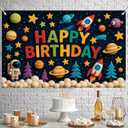 Space Happy Birthday Backdrop Banner Photography Background Party Decoration for Boy Girl Kids Baby Universe Planets Solar Galaxy Astronaut Photo Booth Supplies 71.8 X 43.3in