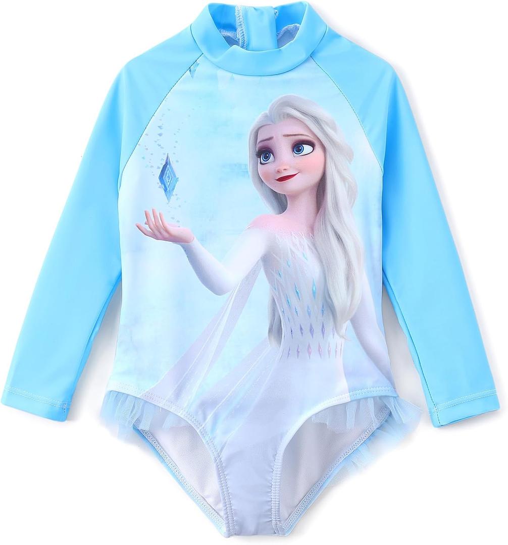 Disney Princess Frozen Elsa Minnie Stitch One Piece Swimsuit Rashguard Bathing Suit UPF 50+Toddler Girl Long Sleeve Swimwear (3-4T)