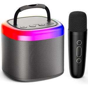 JYX Mini Karaoke Machine for Kids - Black Bluetooth Speaker Unpowered Cabinets with Party Lights and 1 Wireless Microphone, Great for Adults, Ideal for Family Home Parties and Birthday Gifts (Gray-1Mic)