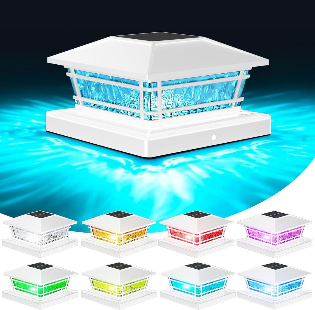 Sparluvix Post Solar Lights with 8 RGB Solid Colors & Color Changing, 8 Pack Deck Post Lights for Porch Yard Garden, Waterproof Solar Fence Post Cap Lights for 4x4 5x5 6x6 Vinyl/Wooden Posts, White
